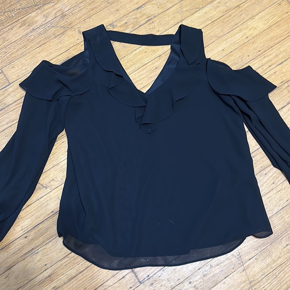 Women’s A. Byer long sleeve chiffon ruffle cold shoulder flowy top blouse black